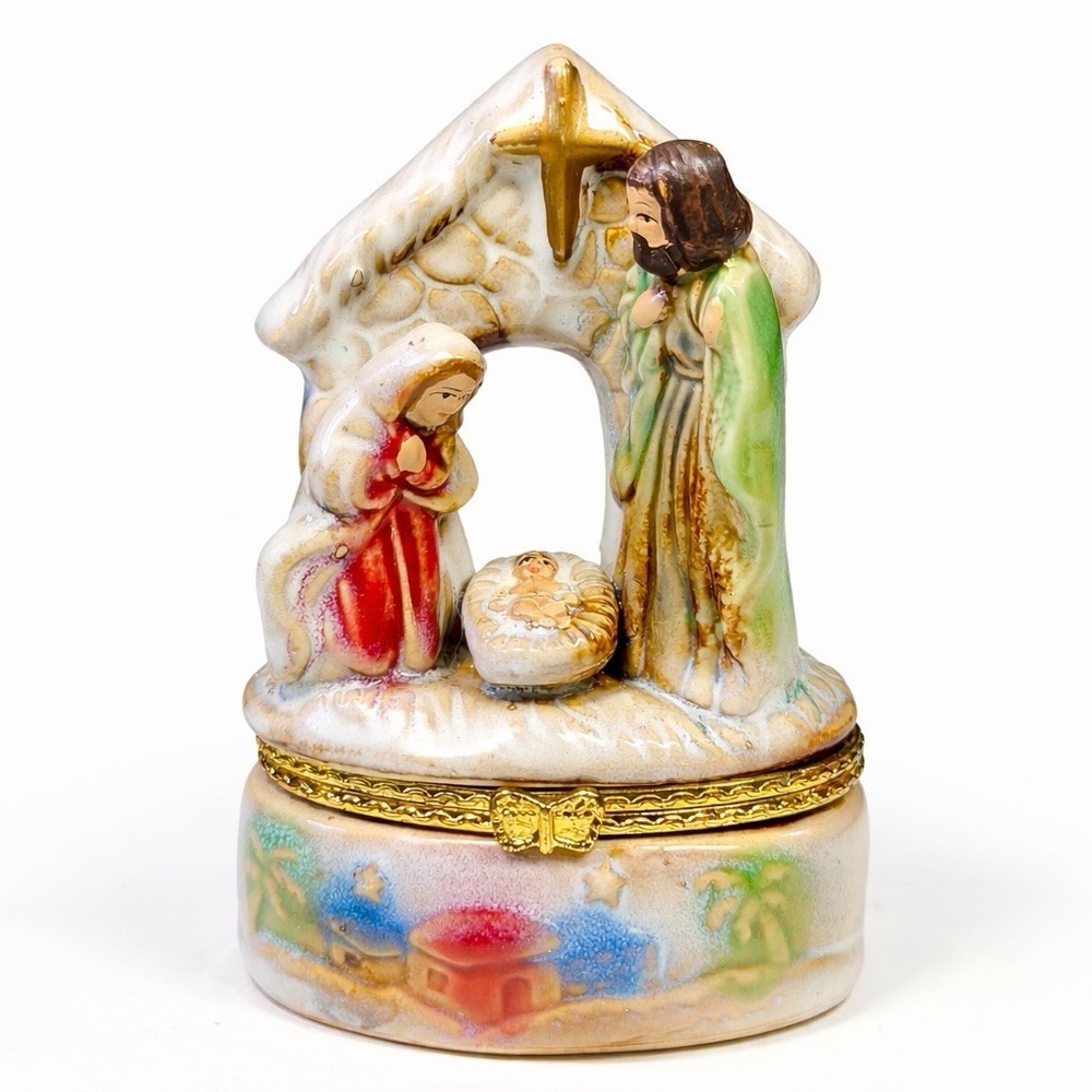 VTG Nativity Trinket Box Mary Joseph Baby Jesus Ceramic Hinged Christmas 4"